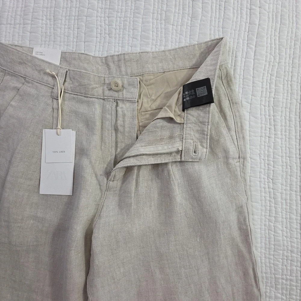 Zara 100% Linen Pants Mens 30x28 Natural Beige Pleated Chino Relaxed Fit NWT